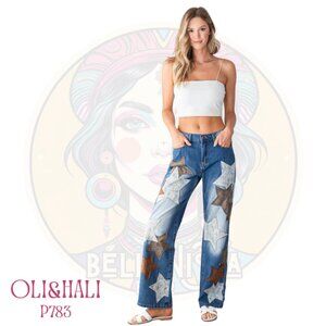 P783 OLI & HALI Denim Leather Star Straight Leg Jeans